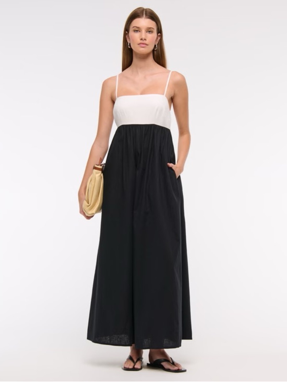 Abercrombie & Fitch Black and White Linen Spaghetti-Strap Maxi Dress